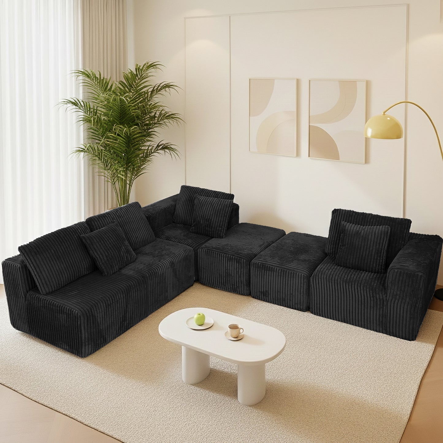 Black Modular Corduroy Sectional Sofa - 6-Seat Living Room Couch