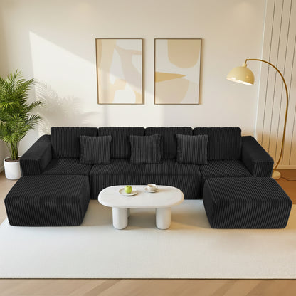Black Modular Corduroy Sectional Sofa - 6-Seat Living Room Couch