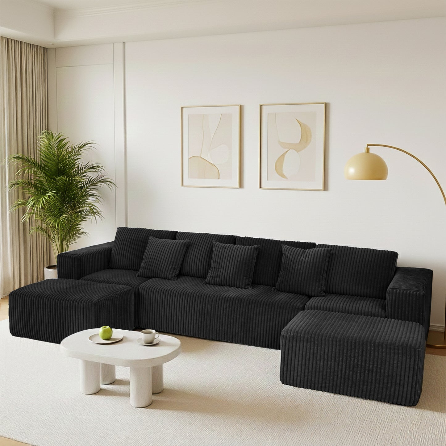 Black Modular Corduroy Sectional Sofa - 6-Seat Living Room Couch