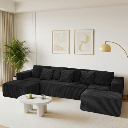 Black Modular Corduroy Sectional Sofa - 6-Seat Living Room Couch