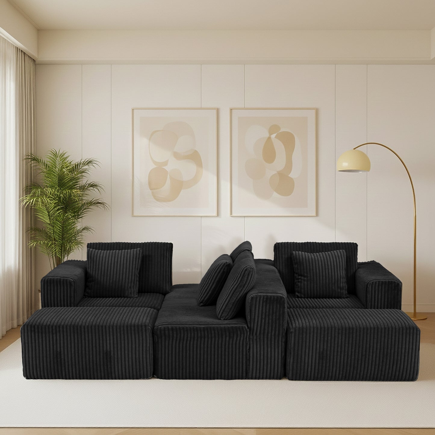 Black Modular Corduroy Sectional Sofa - 6-Seat Living Room Couch