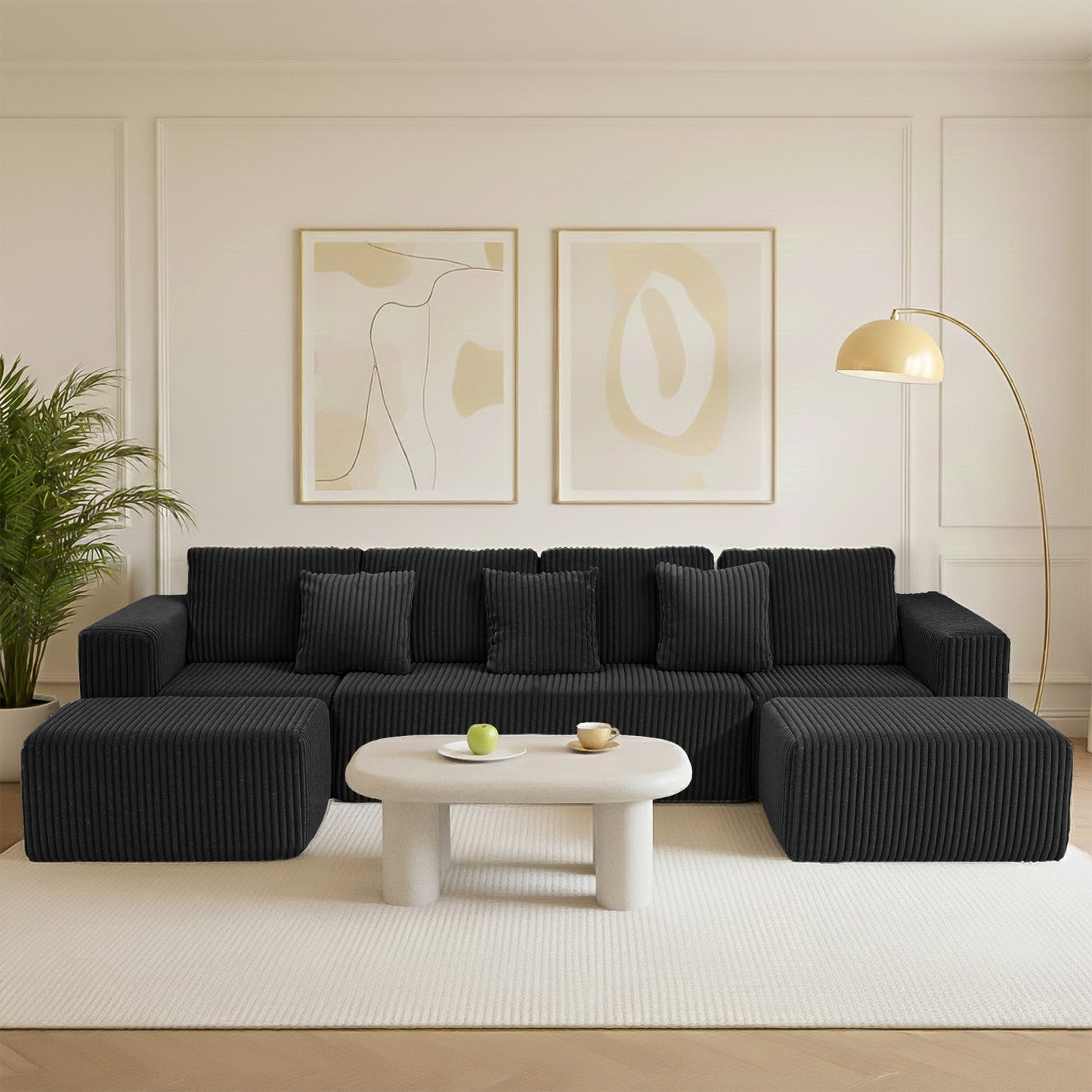 Black Modular Corduroy Sectional Sofa - 6-Seat Living Room Couch