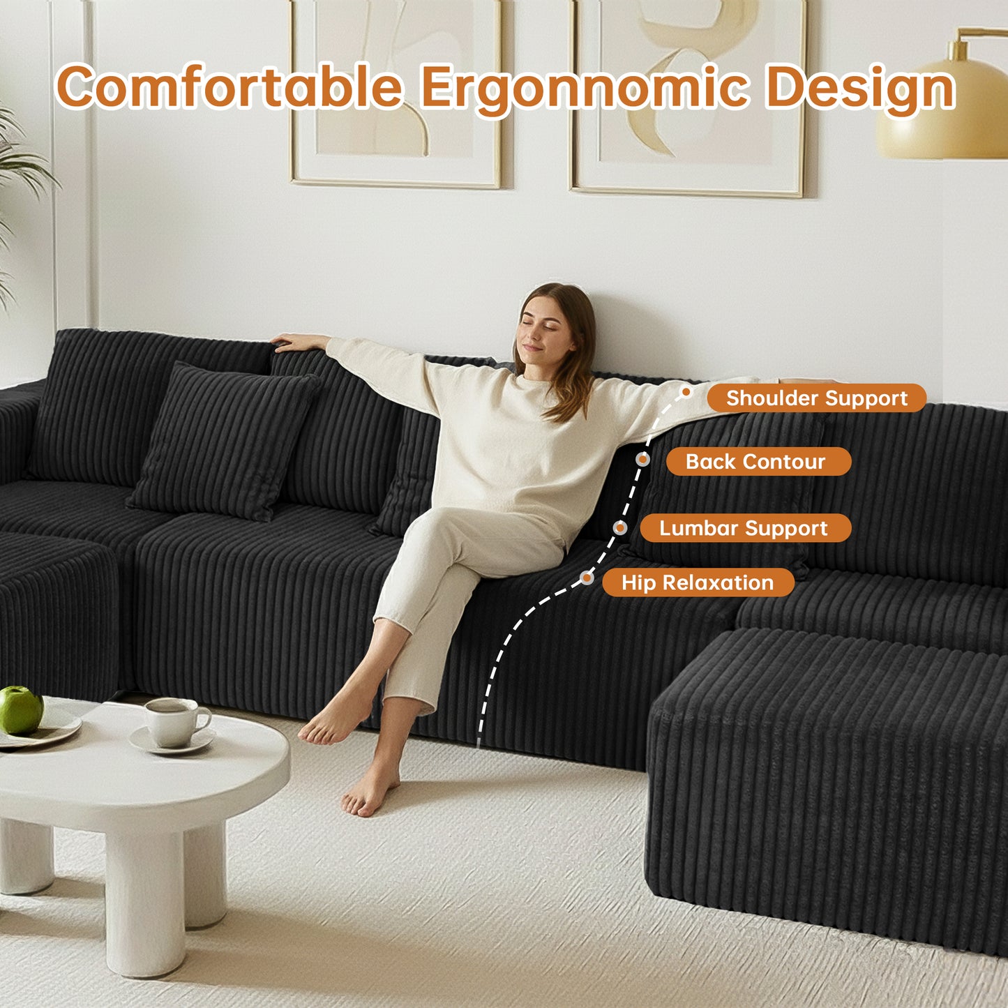 Black Modular Corduroy Sectional Sofa - 6-Seat Living Room Couch