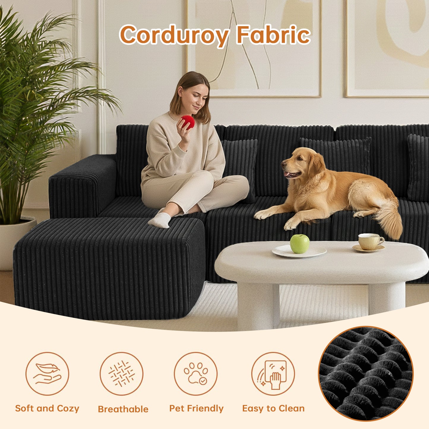 Black Modular Corduroy Sectional Sofa - 6-Seat Living Room Couch
