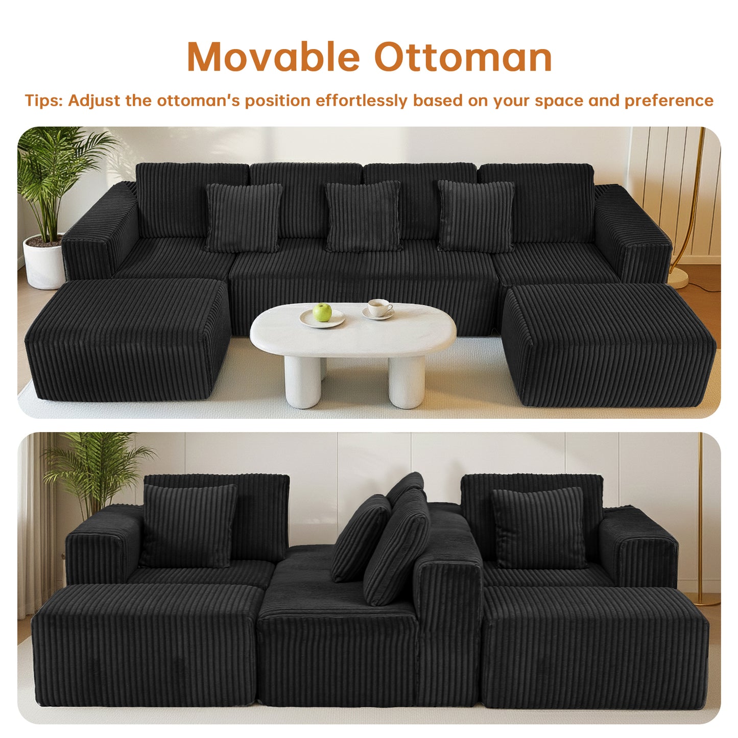 Black Modular Corduroy Sectional Sofa - 6-Seat Living Room Couch