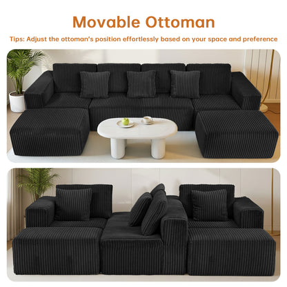 Black Modular Corduroy Sectional Sofa - 6-Seat Living Room Couch