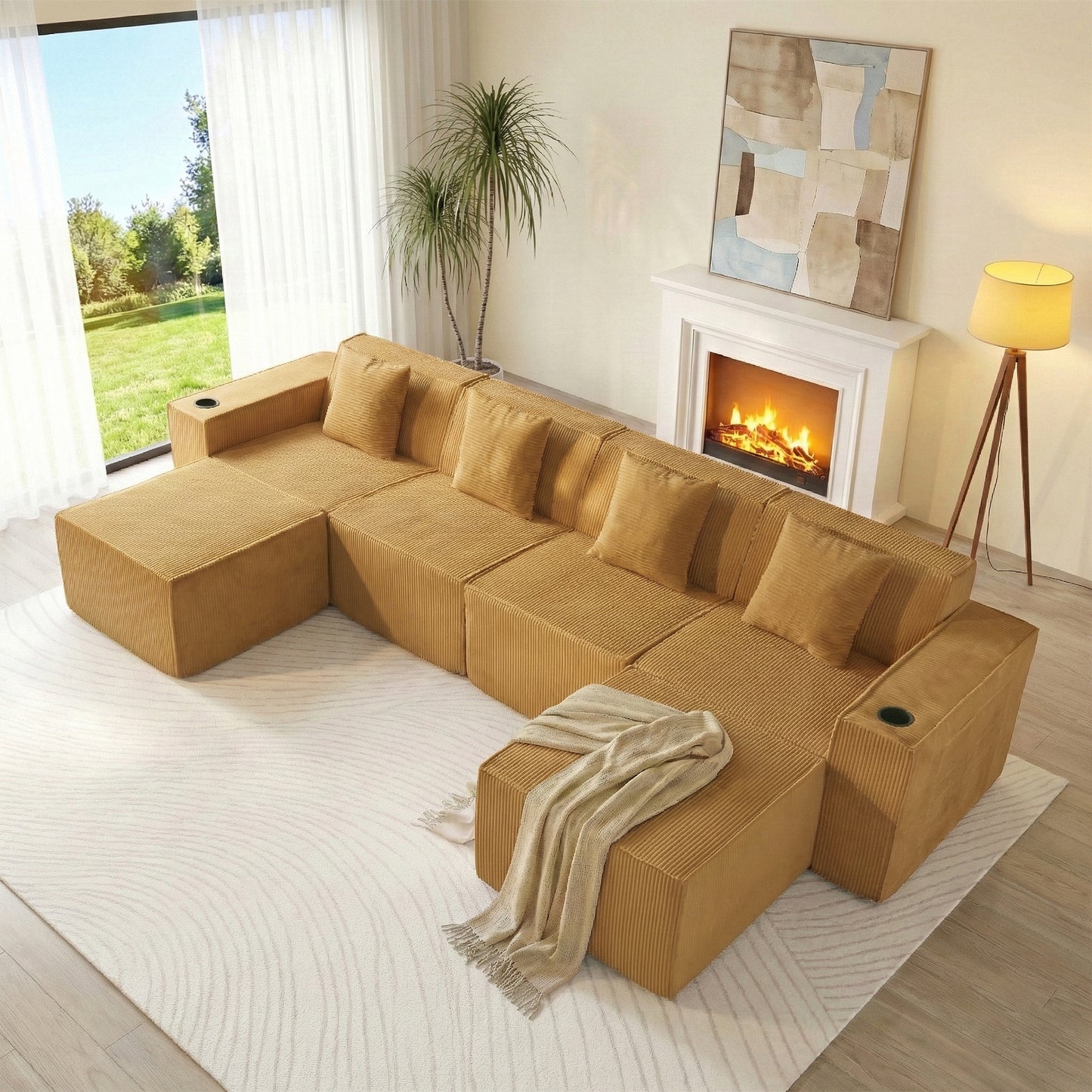 Modular U-Shape Corduroy Sofa – 6-Seat Convertible Living Room Set with Cup Holders & Ottoman