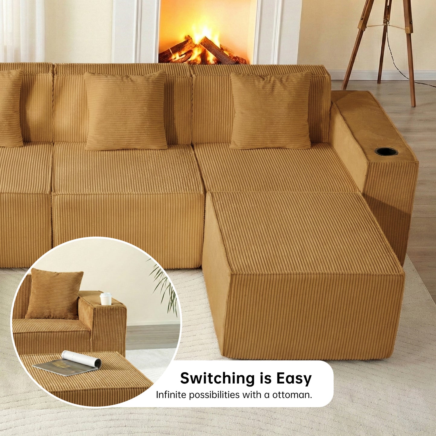 Modular U-Shape Corduroy Sofa – 6-Seat Convertible Living Room Set with Cup Holders & Ottoman