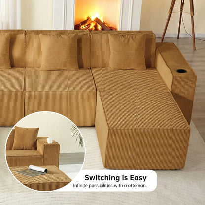 Modular U-Shape Corduroy Sofa – 6-Seat Convertible Living Room Set with Cup Holders & Ottoman