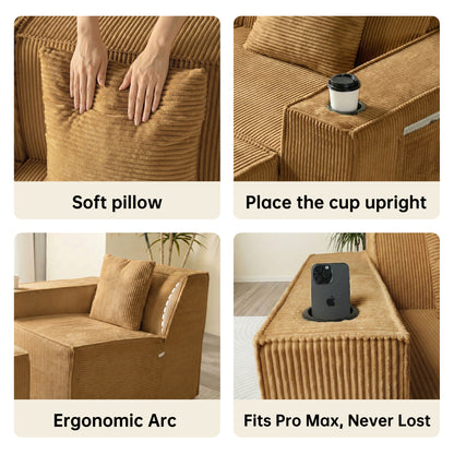 Modular U-Shape Corduroy Sofa – 6-Seat Convertible Living Room Set with Cup Holders & Ottoman