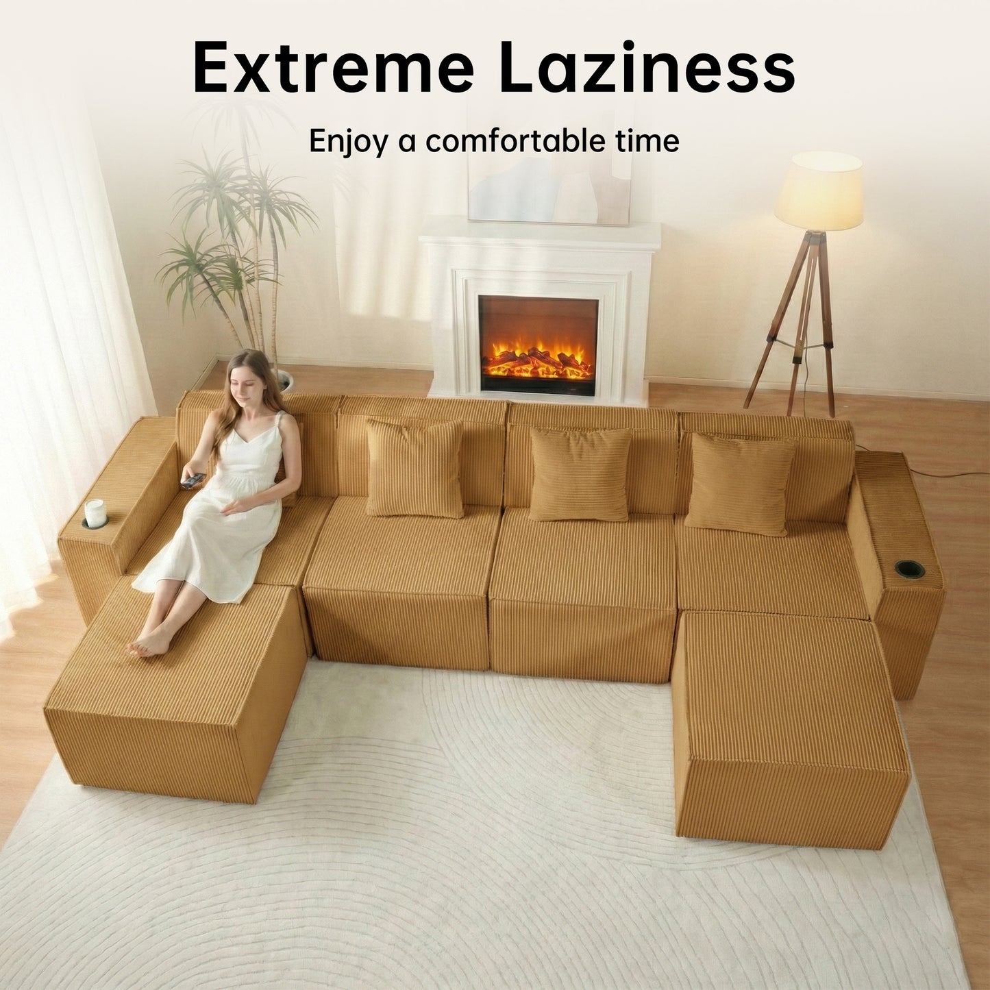 Modular U-Shape Corduroy Sofa – 6-Seat Convertible Living Room Set with Cup Holders & Ottoman