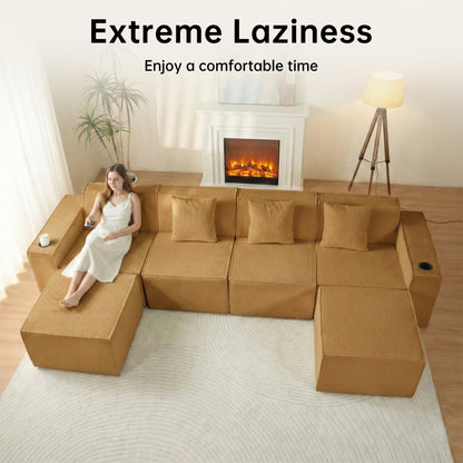 Modular U-Shape Corduroy Sofa – 6-Seat Convertible Living Room Set with Cup Holders & Ottoman