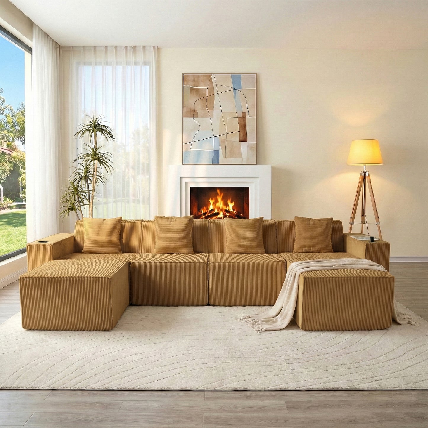 Modular U-Shape Corduroy Sofa – 6-Seat Convertible Living Room Set with Cup Holders & Ottoman