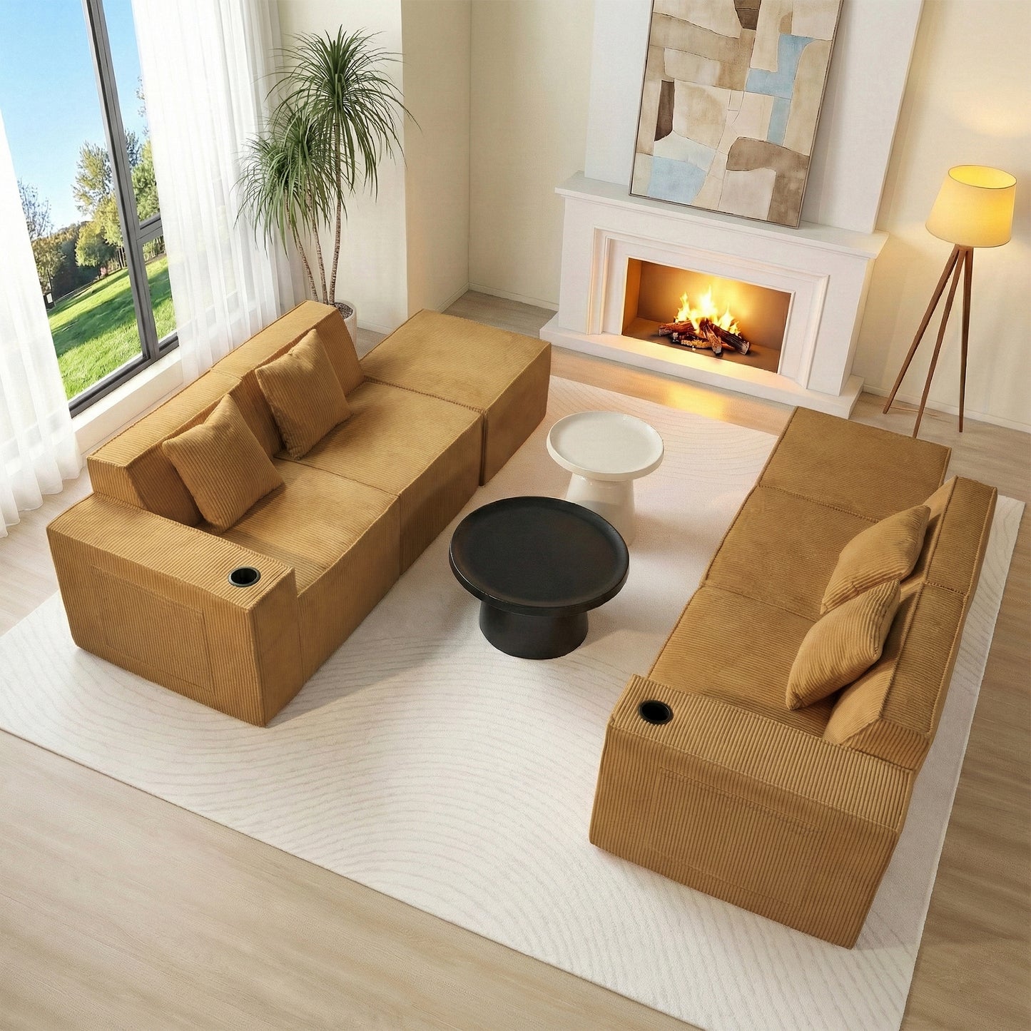 Modular U-Shape Corduroy Sofa – 6-Seat Convertible Living Room Set with Cup Holders & Ottoman