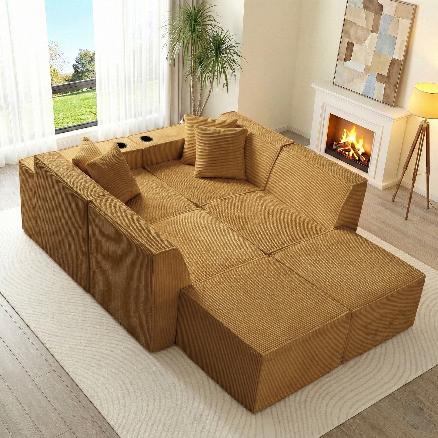 Modular U-Shape Corduroy Sofa – 6-Seat Convertible Living Room Set with Cup Holders & Ottoman
