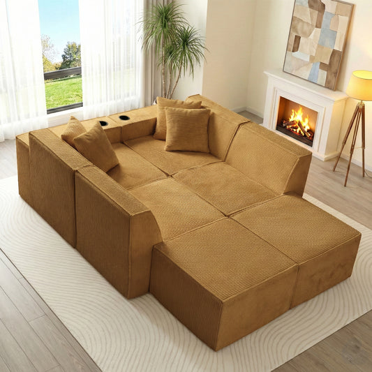 Modular U-Shape Corduroy Sofa – 6-Seat Convertible Living Room Set with Cup Holders & Ottoman