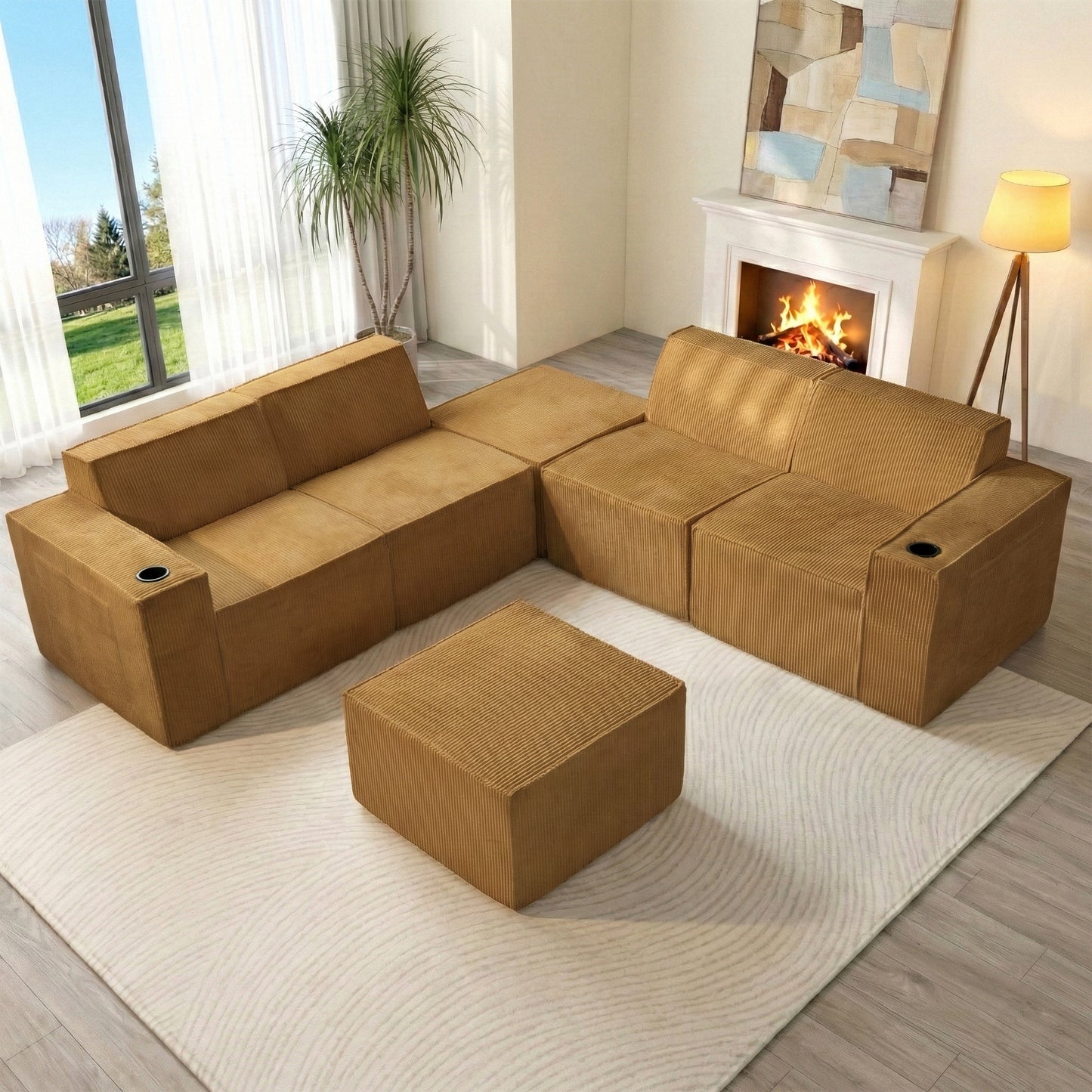 Modular U-Shape Corduroy Sofa – 6-Seat Convertible Living Room Set with Cup Holders & Ottoman