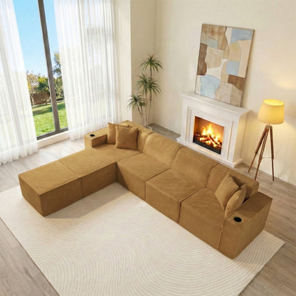 Modular U-Shape Corduroy Sofa – 6-Seat Convertible Living Room Set with Cup Holders & Ottoman