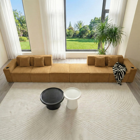 Modular U-Shape Corduroy Sofa – 6-Seat Convertible Living Room Set with Cup Holders & Ottoman