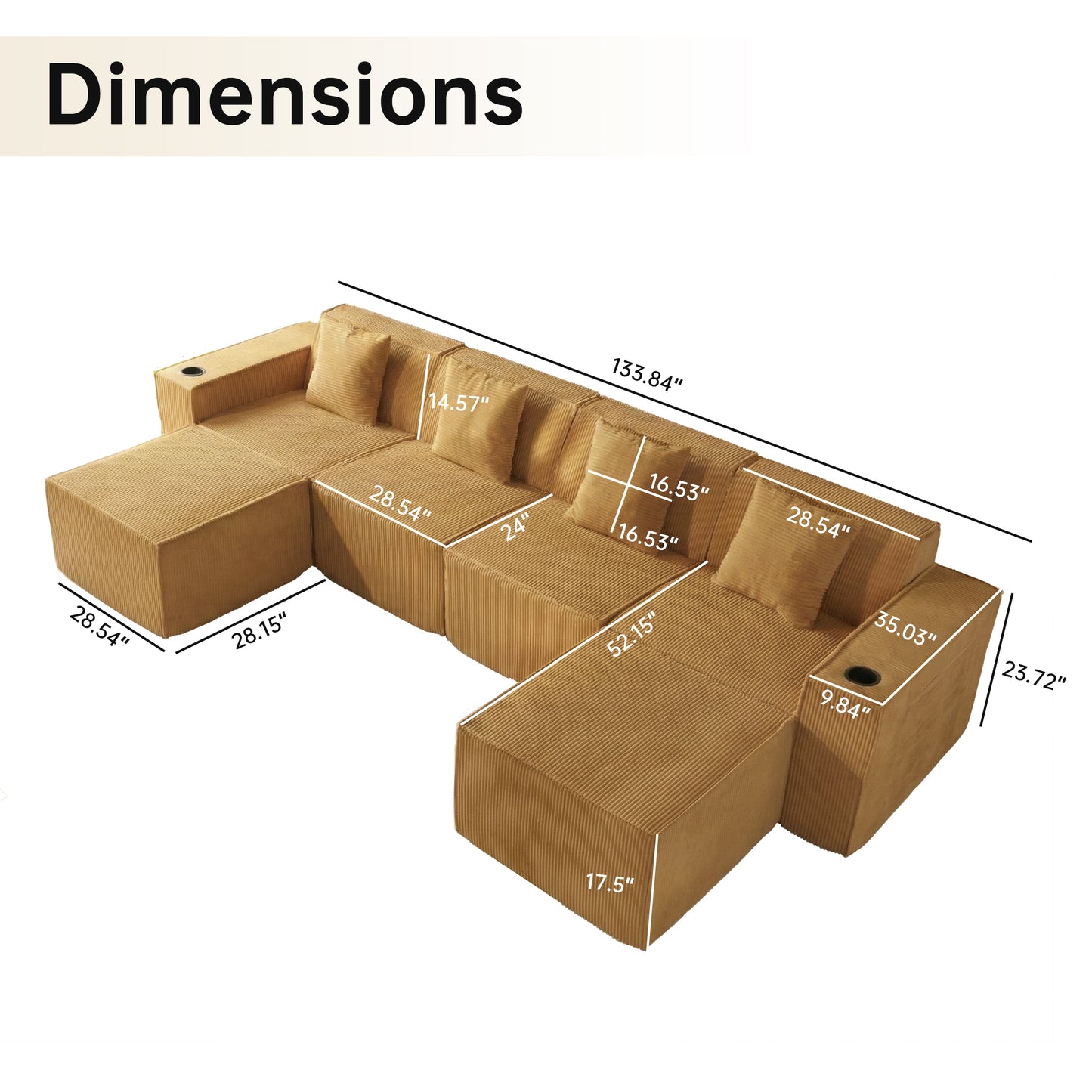 Modular U-Shape Corduroy Sofa – 6-Seat Convertible Living Room Set with Cup Holders & Ottoman