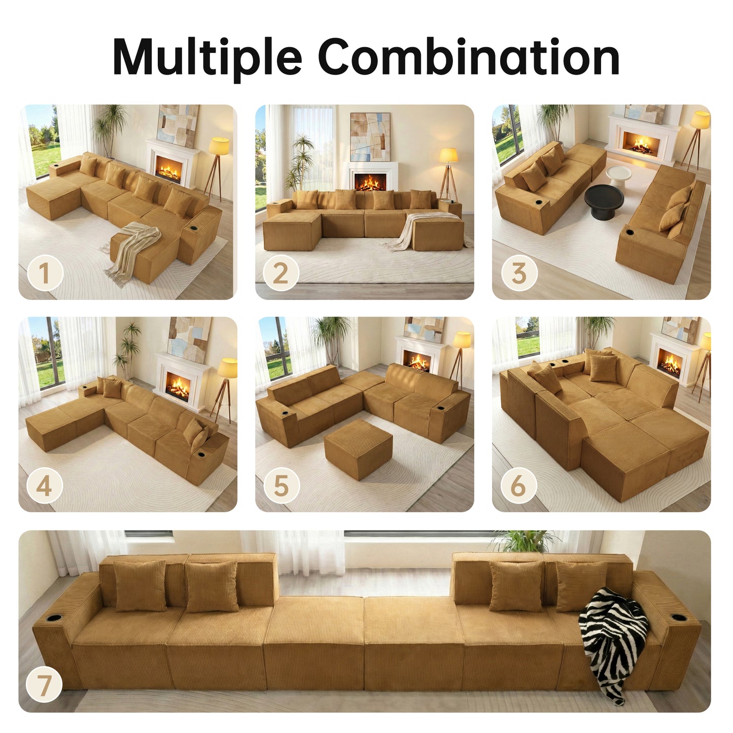 Modular U-Shape Corduroy Sofa – 6-Seat Convertible Living Room Set with Cup Holders & Ottoman