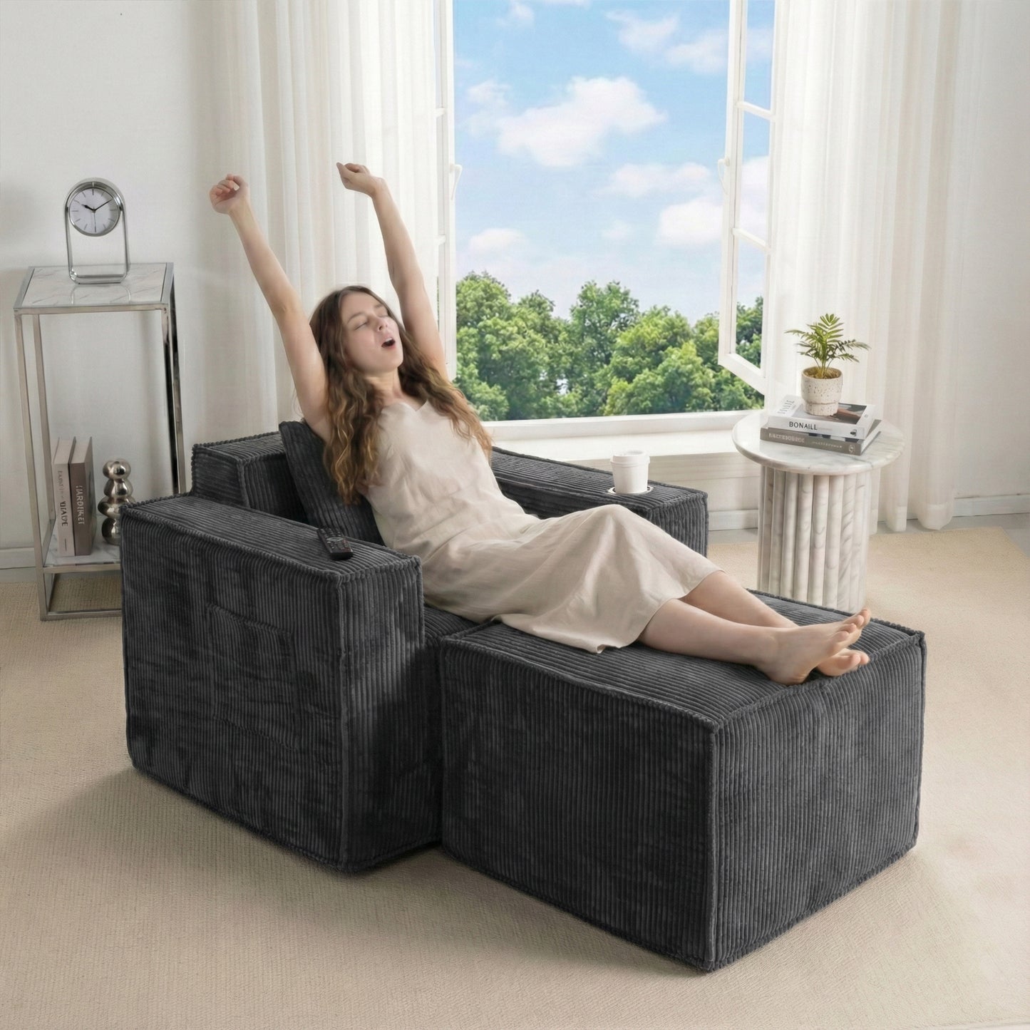 Gray Corduroy Lounge Chair for Living Room No-Assembly Single Recliner Sofa with Ottoman & Cup Holders