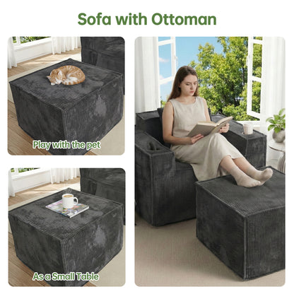 Gray Corduroy Lounge Chair for Living Room No-Assembly Single Recliner Sofa with Ottoman & Cup Holders