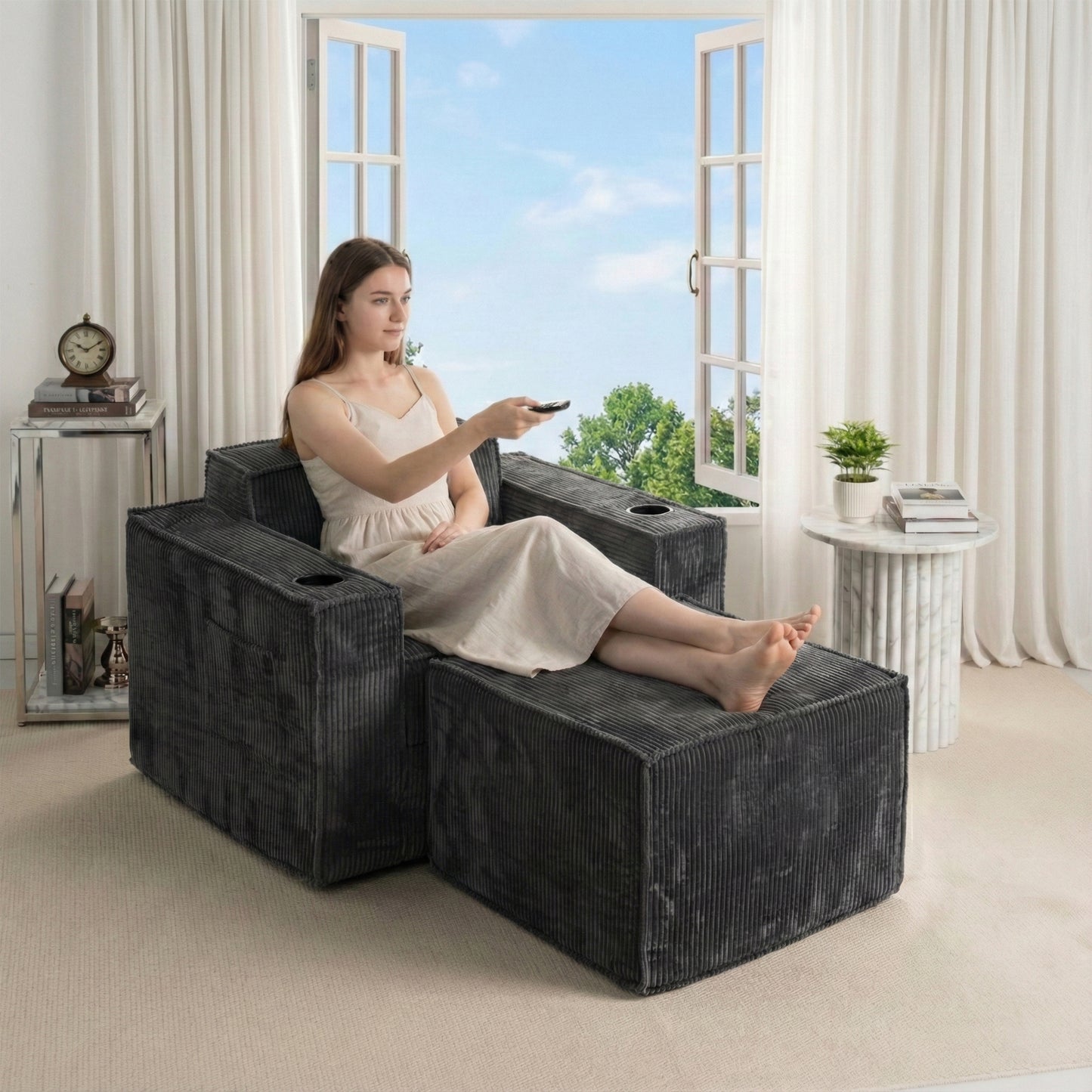 Gray Corduroy Lounge Chair for Living Room No-Assembly Single Recliner Sofa with Ottoman & Cup Holders