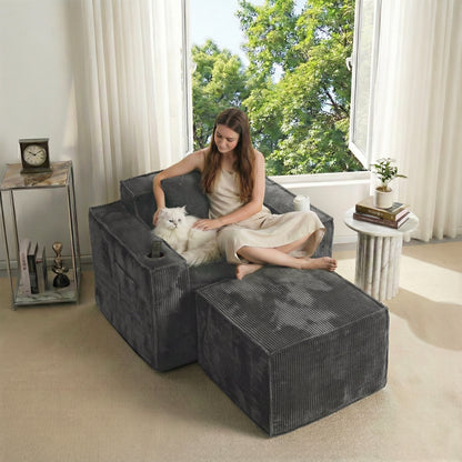 Gray Corduroy Lounge Chair for Living Room No-Assembly Single Recliner Sofa with Ottoman & Cup Holders