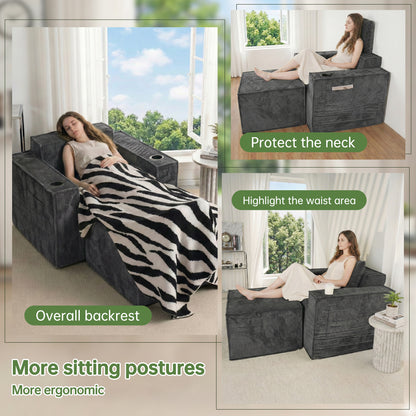 Gray Corduroy Lounge Chair for Living Room No-Assembly Single Recliner Sofa with Ottoman & Cup Holders