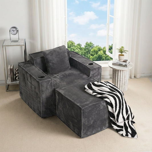 Gray Corduroy Lounge Chair for Living Room No-Assembly Single Recliner Sofa with Ottoman & Cup Holders
