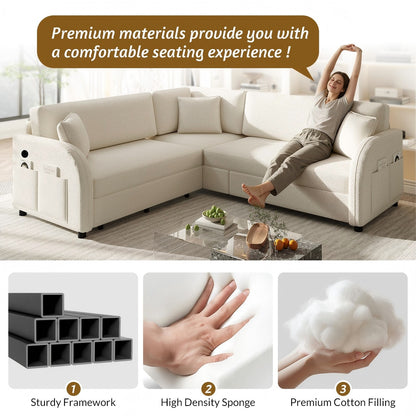 85.1" L-Shaped Chenille Sectional Sofa with Pull-Out Bed, Side Pocket & USB Port