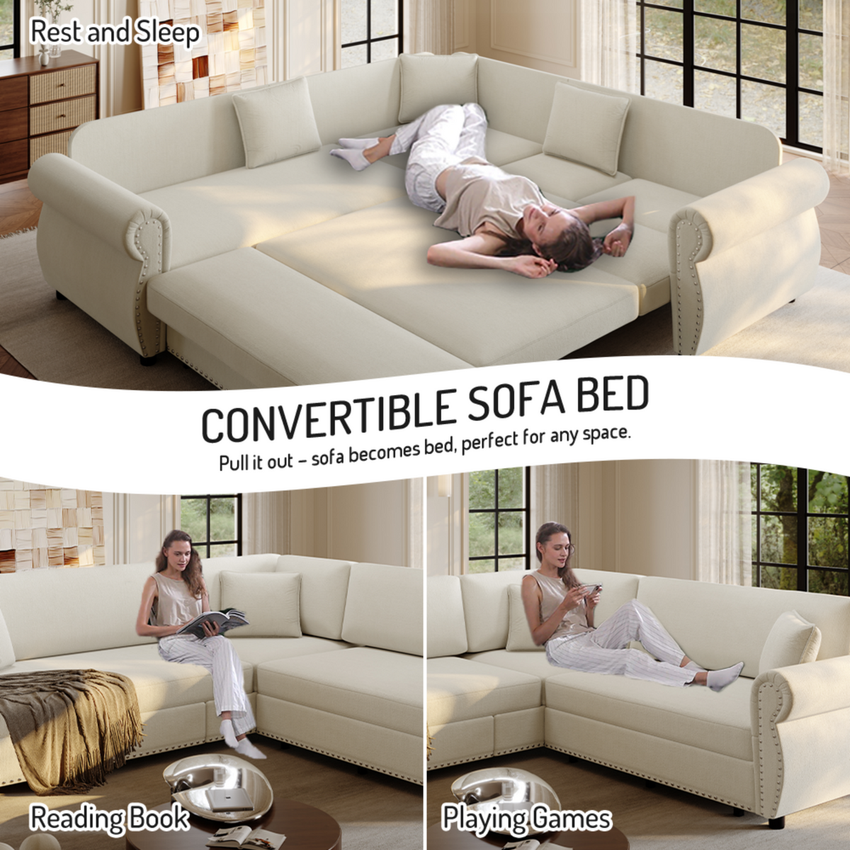 88.2" L-Shaped Chenille Sectional Sofa with Pull-Out Bed & Rolled Arm