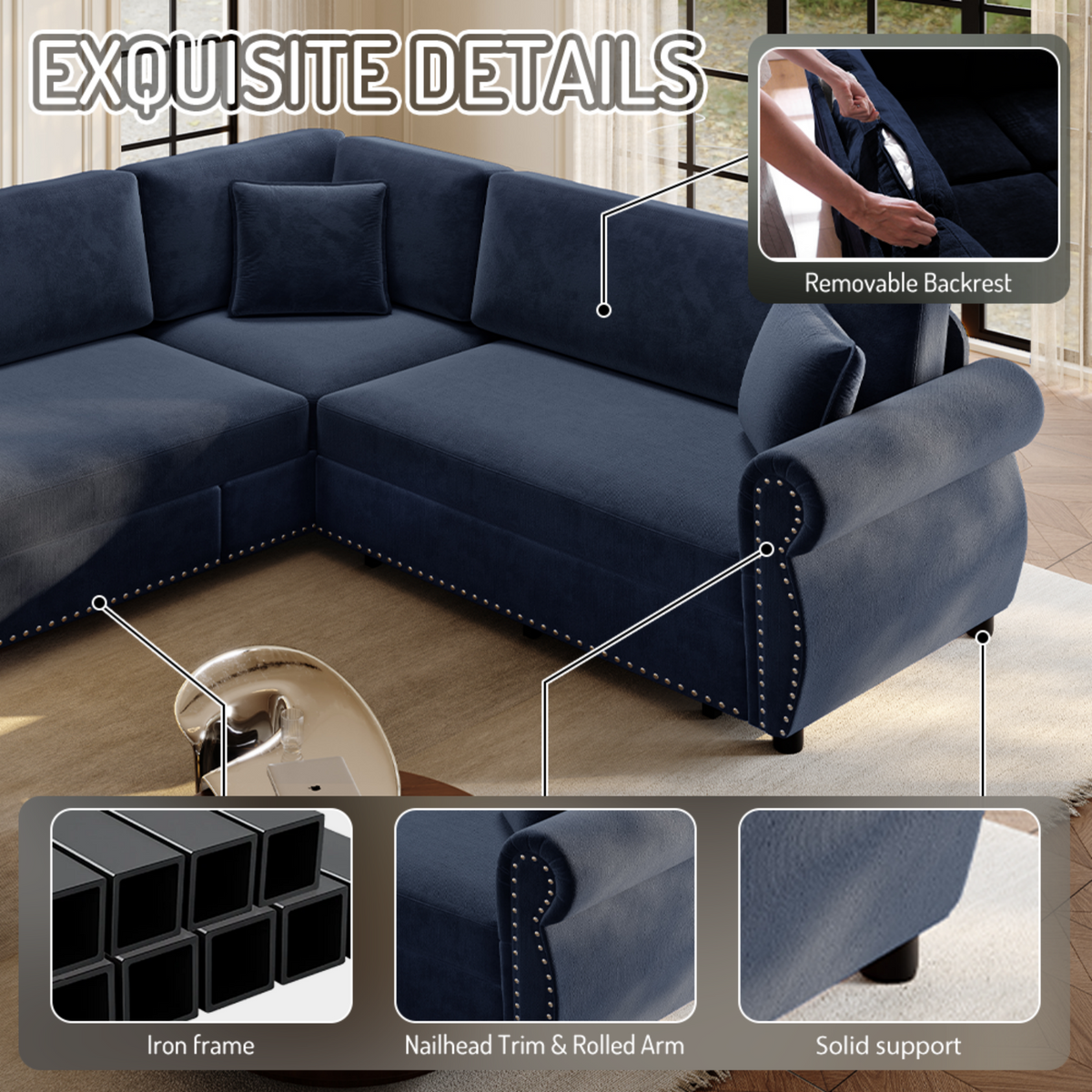 88.2" L-Shaped Chenille Sectional Sofa with Pull-Out Bed & Rolled Arm