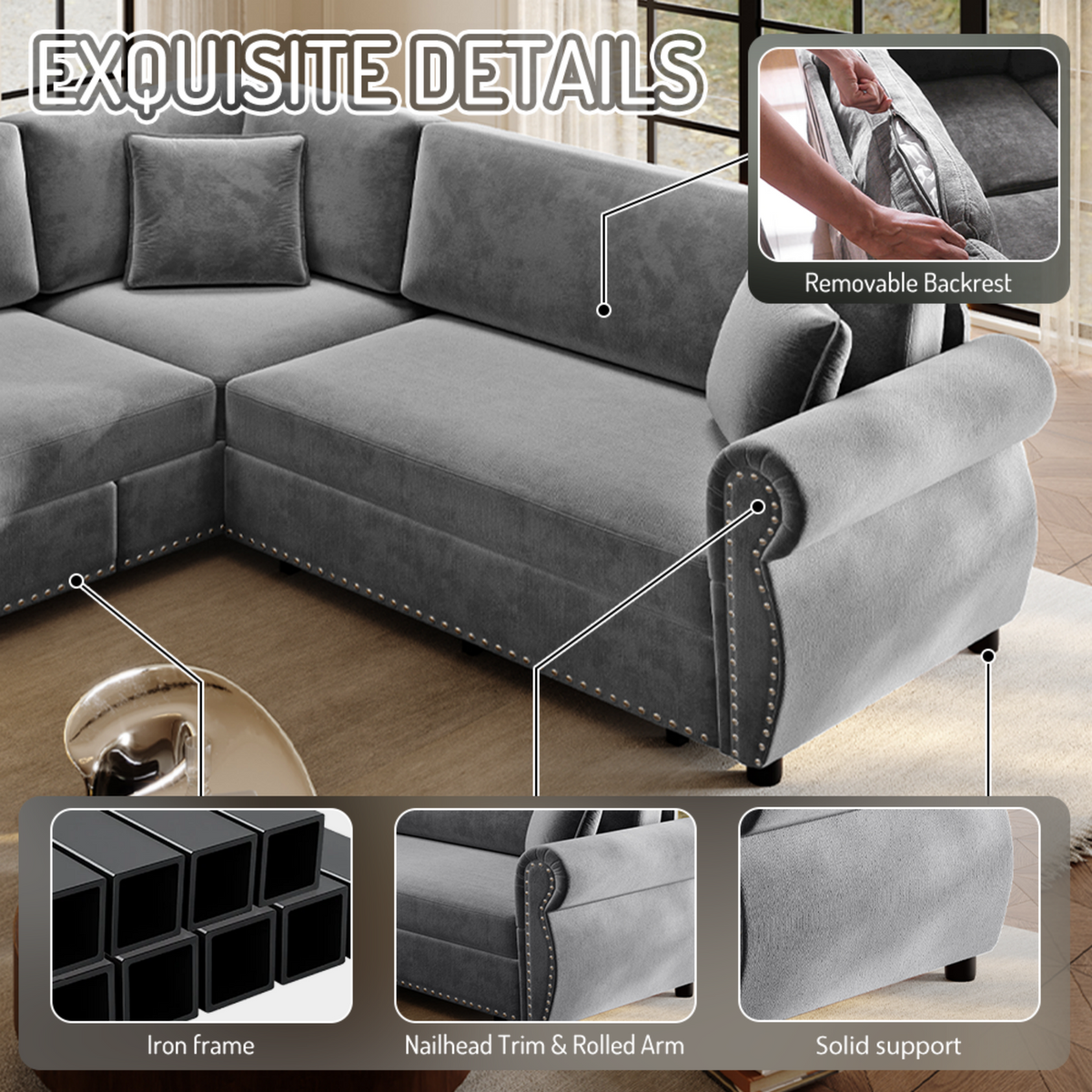 88.2" L-Shaped Chenille Sectional Sofa with Pull-Out Bed & Rolled Arm
