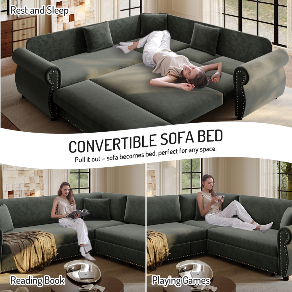 88.2" L-Shaped Chenille Sectional Sofa with Pull-Out Bed & Rolled Arm