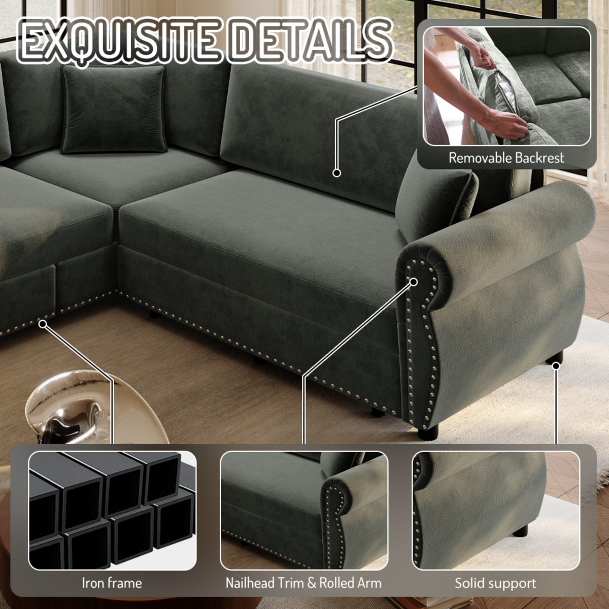 88.2" L-Shaped Chenille Sectional Sofa with Pull-Out Bed & Rolled Arm