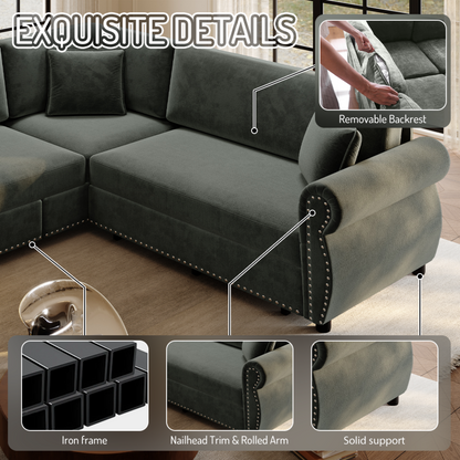 88.2" L-Shaped Chenille Sectional Sofa with Pull-Out Bed & Rolled Arm