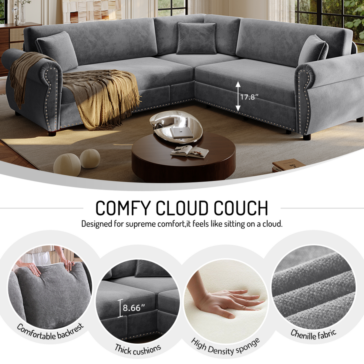 88.2" L-Shaped Chenille Sectional Sofa with Pull-Out Bed & Rolled Arm