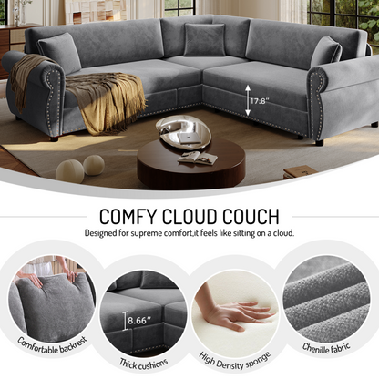 88.2" L-Shaped Chenille Sectional Sofa with Pull-Out Bed & Rolled Arm