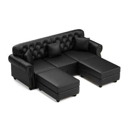 82.6" Faux Leather Chesterfield Sofa, Rolled Armrests, Nailhead Trim & Button Tufting, 3 Pillows