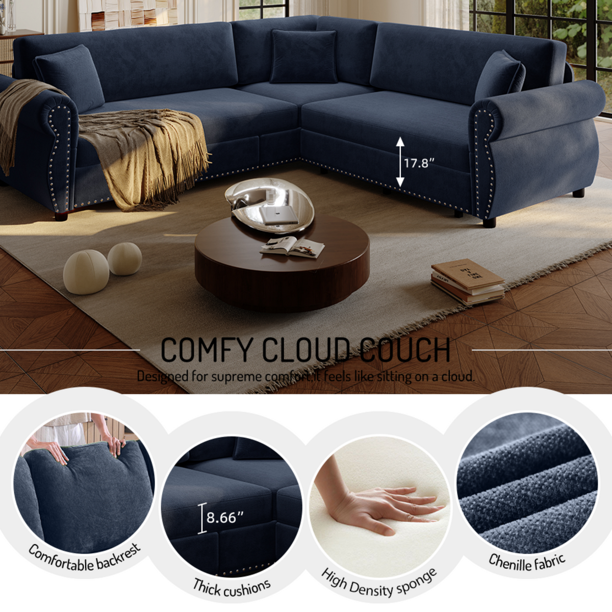 88.2" L-Shaped Chenille Sectional Sofa with Pull-Out Bed & Rolled Arm