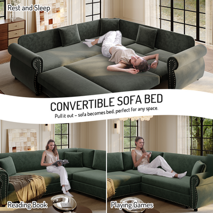 88.2" L-Shaped Chenille Sectional Sofa with Pull-Out Bed & Rolled Arm