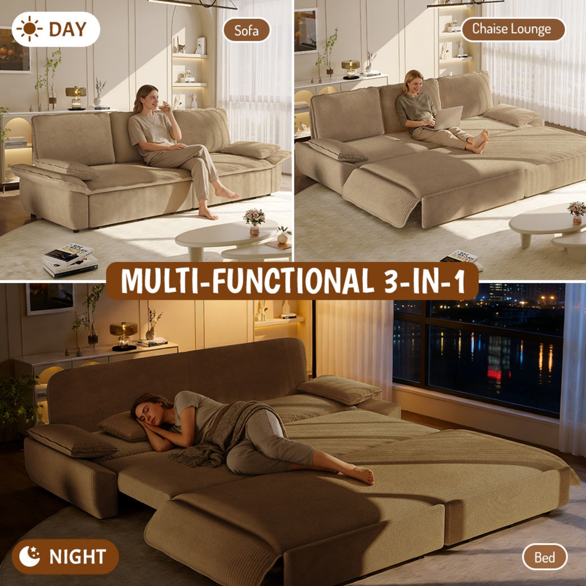 94.5" 3-in-1 Corduroy Queen Pull-Out Sofa Bed