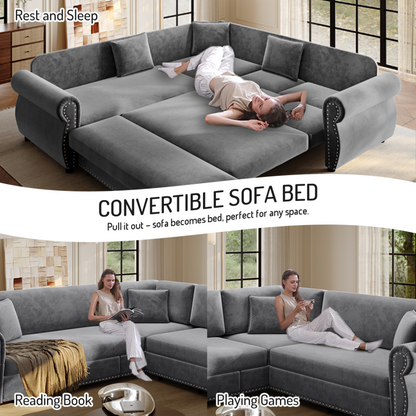 88.2" L-Shaped Chenille Sectional Sofa with Pull-Out Bed & Rolled Arm