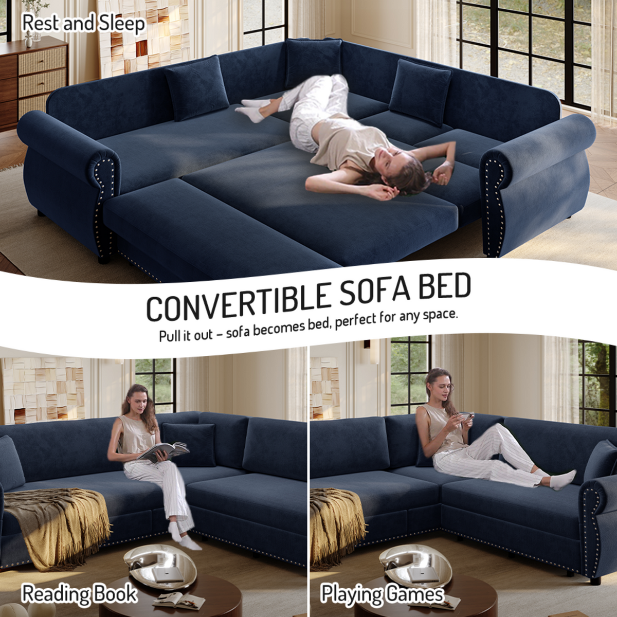 88.2" L-Shaped Chenille Sectional Sofa with Pull-Out Bed & Rolled Arm