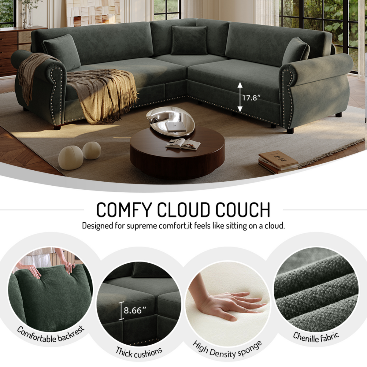 88.2" L-Shaped Chenille Sectional Sofa with Pull-Out Bed & Rolled Arm