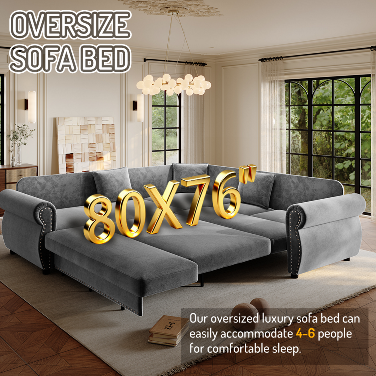 88.2" L-Shaped Chenille Sectional Sofa with Pull-Out Bed & Rolled Arm