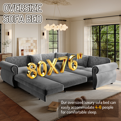 88.2" L-Shaped Chenille Sectional Sofa with Pull-Out Bed & Rolled Arm