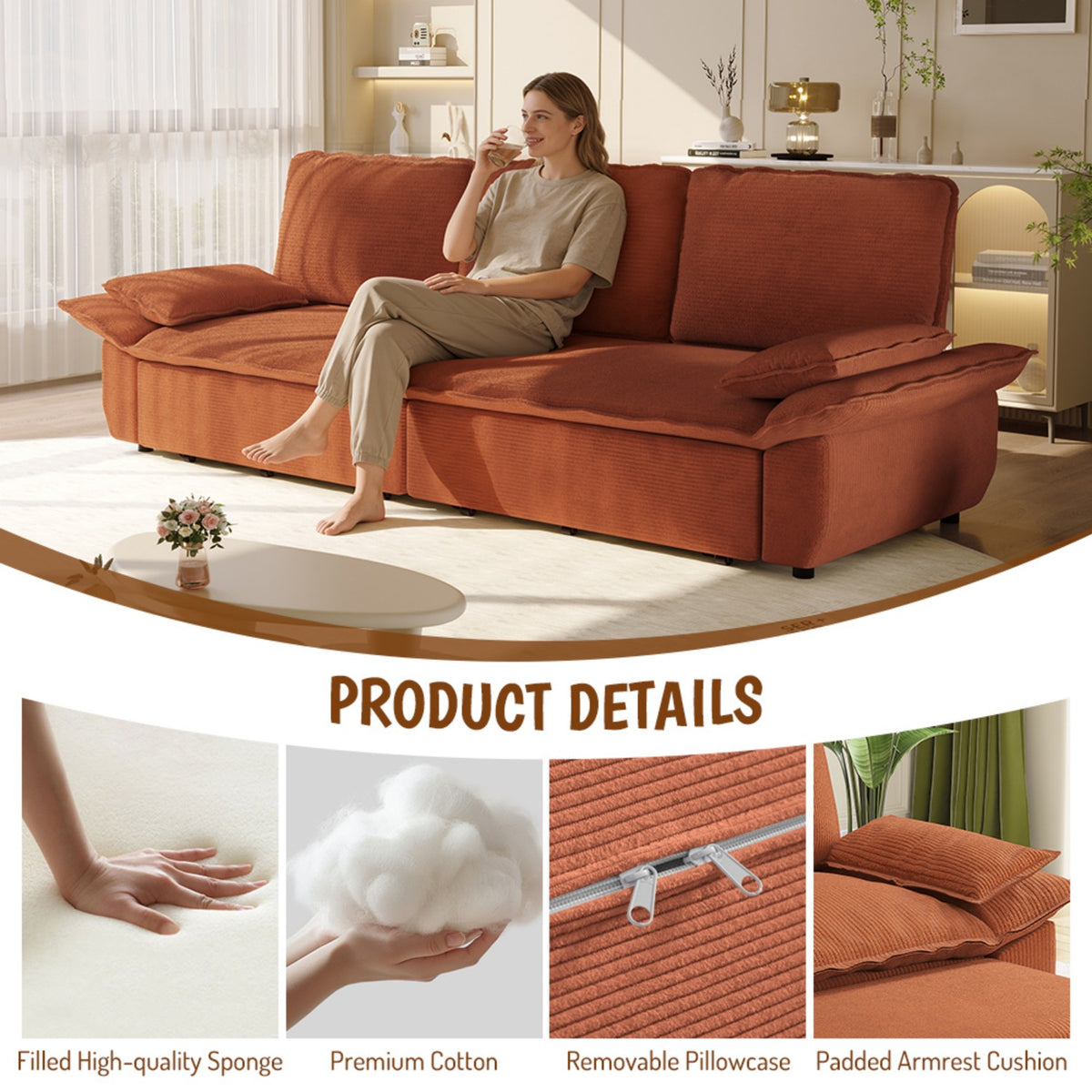 94.5" 3-in-1 Corduroy Queen Pull-Out Sofa Bed